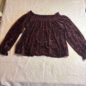 Free People Ginger Berry Off Shoulder Top Velvet Burnout Floral Blouse Size S